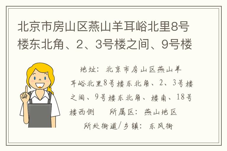 北京市房山區(qū)燕山羊耳峪北里8號樓東北角、2、3號樓之間、9號樓東北角、樓南、18號樓西側(cè)