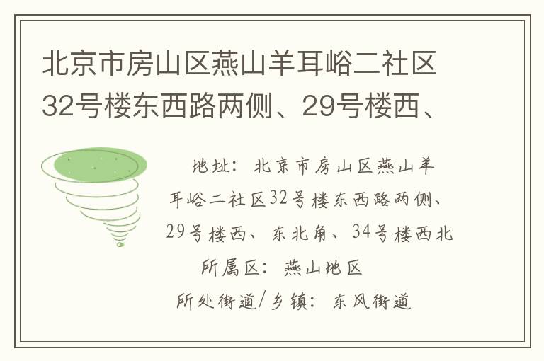 北京市房山區(qū)燕山羊耳峪二社區(qū)32號(hào)樓東西路兩側(cè)、29號(hào)樓西、東北角、34號(hào)樓西北