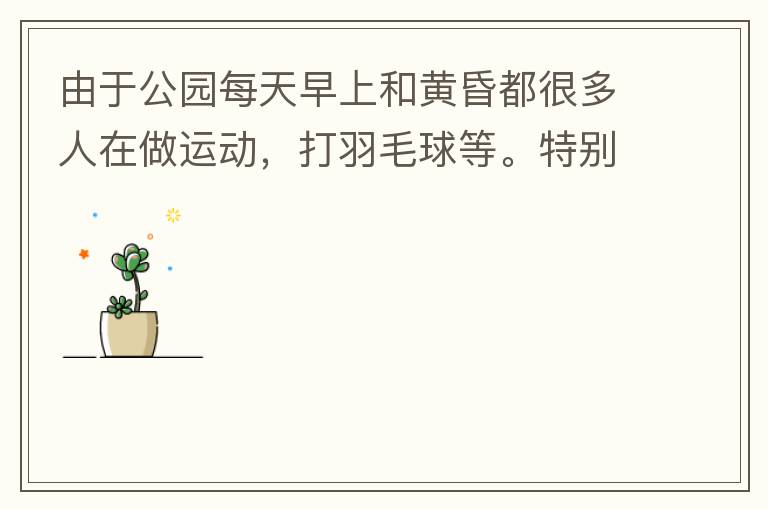 由于公園每天早上和黃昏都很多人在做運(yùn)動(dòng)，打羽毛球等。特別多老人家散步或者跑步。公園燈光不足導(dǎo)致運(yùn)動(dòng)受傷的情況屢見(jiàn)不鮮，有非常大的安全隱患?，F(xiàn)在冬天，早上天亮得很晚，晚上天亮得很早，希望公園早上和晚上的