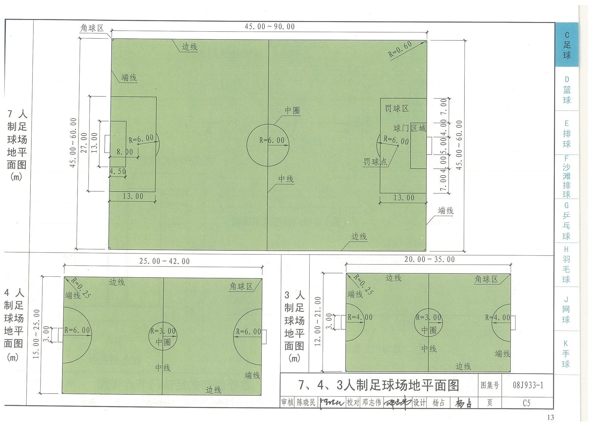 7、4、3人制足球場地平面圖-國家建筑標準設(shè)計圖集08J933-1