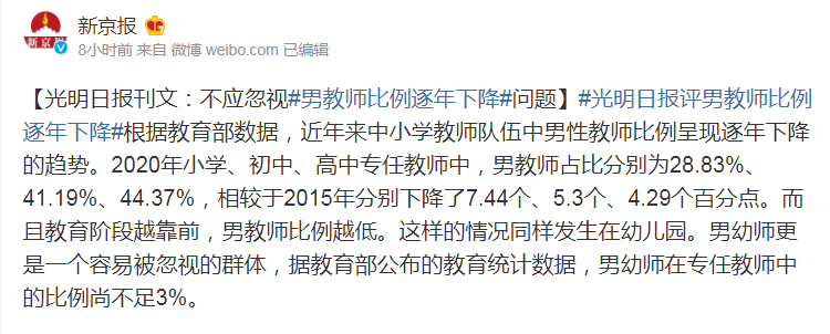 教師行業(yè)“陰盛陽(yáng)衰”，男教師比例逐年下降，鐵飯碗為何不香了？