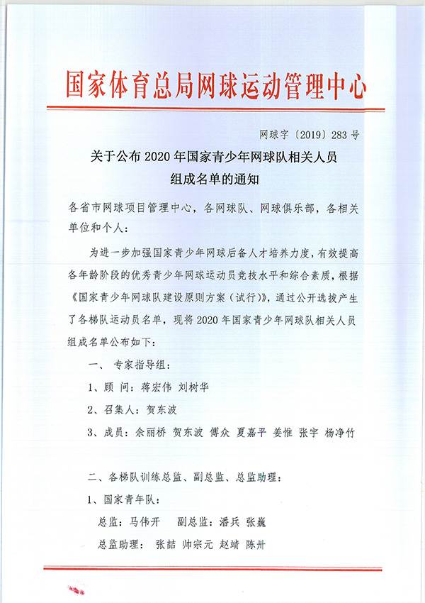 關于公布2020年國家青少年網球隊相關人員組成名單的通知