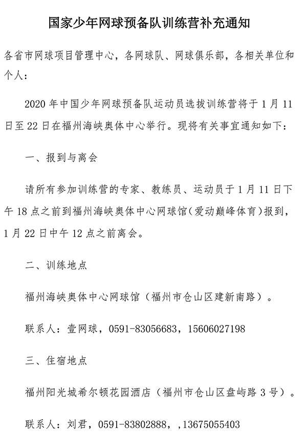 國家少年網球預備隊訓練營補充通知