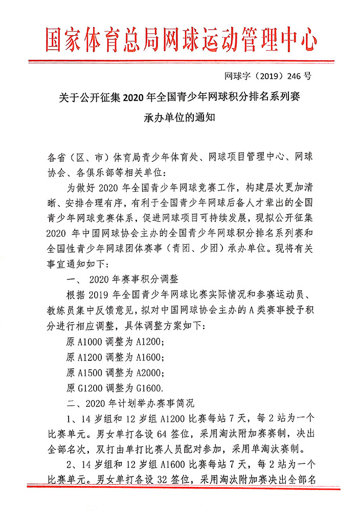 關于公開征集2020年全國青少年網(wǎng)球積分排名系列賽承辦單位的通知