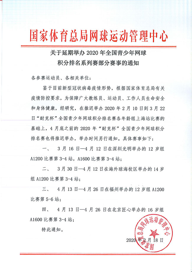 關于延期舉辦2020年全國青少年網(wǎng)球積分排名系列賽部分賽事的通知
