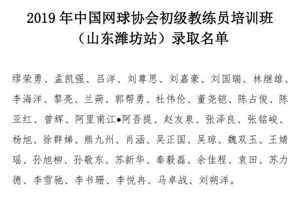 2019年中國網球協(xié)會初級教練員培訓班（山東濰坊站）錄取名單